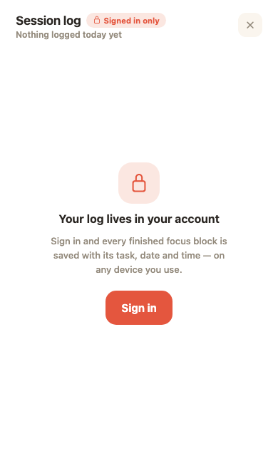 Pomo's mobile session log sign-in screen