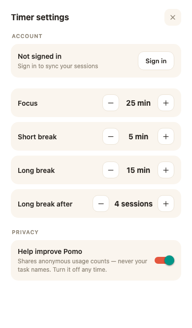 Pomo's mobile timer settings screen