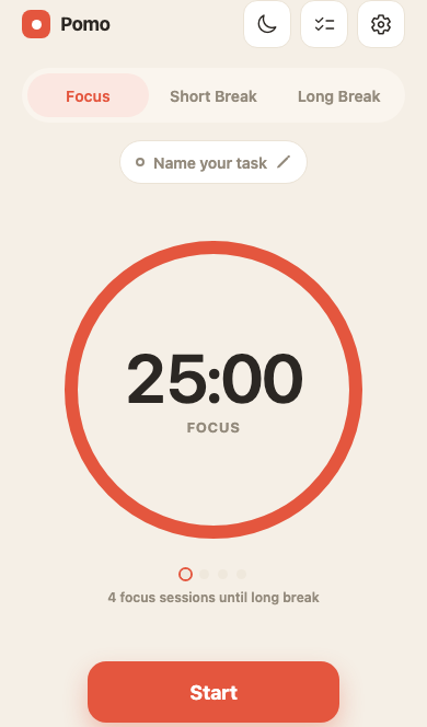 Pomo's mobile focus timer set to 25 minutes
